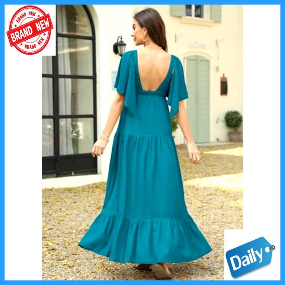 V-Neck Maxi Dress with Flutter Sleeves Backless Elastic Waist Tiered Flowy - Picture 5 of 7